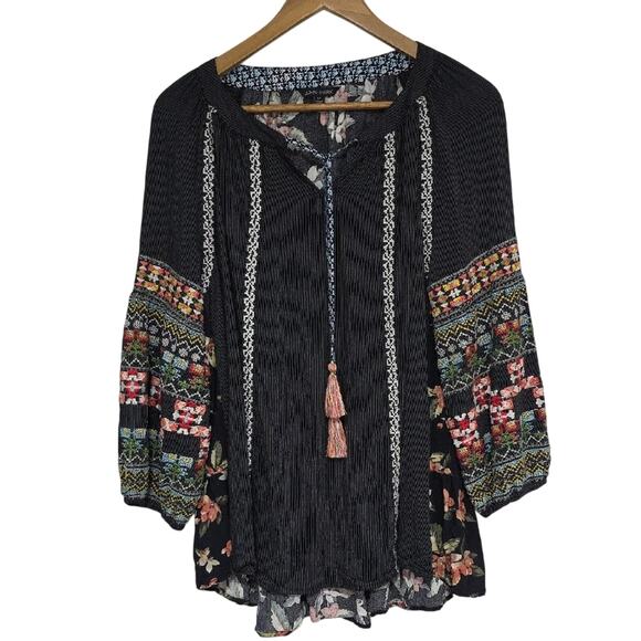 John Mark Tops - John Mark Sz M BOHO Grunge Goth Embroidered Tassels Black Dark Moody Floral Top